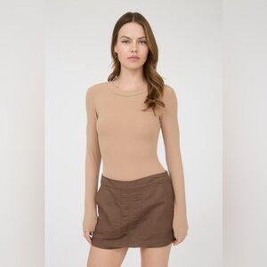 The Workshop Round Neck Long Sleeve Sweater Knit Bodysuit In Tan